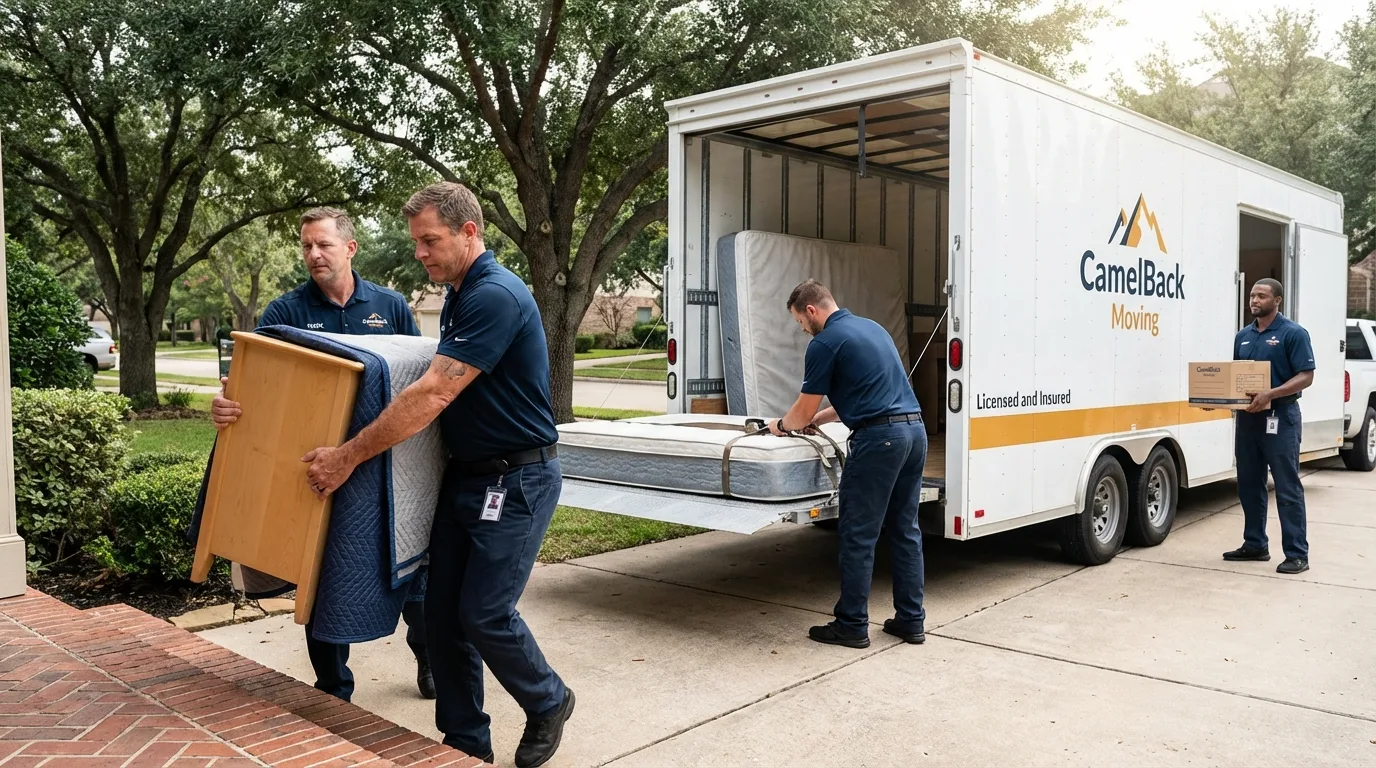 Crew loading residential truck for cross-state move from Evansville, WY