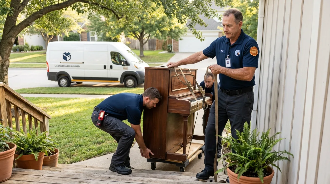 Licensed piano movers securing grand piano in Evansville, WY