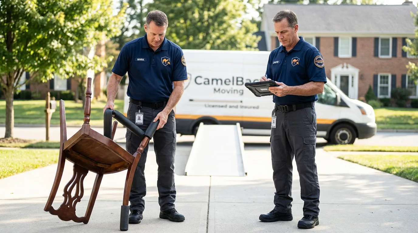 Movers inspecting furniture for damage prevention before loading in Evansville, WY