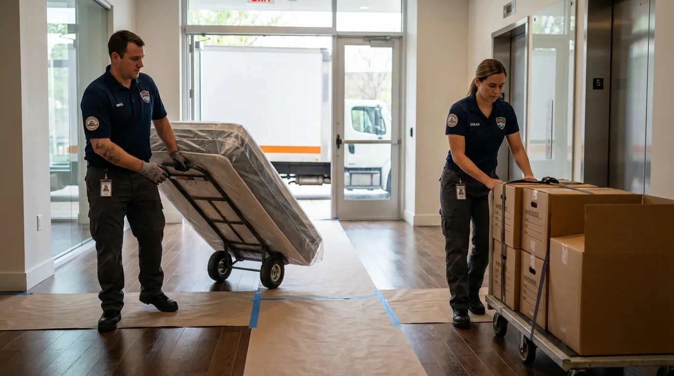 Professional apartment movers loading elevator in Evansville, WY
