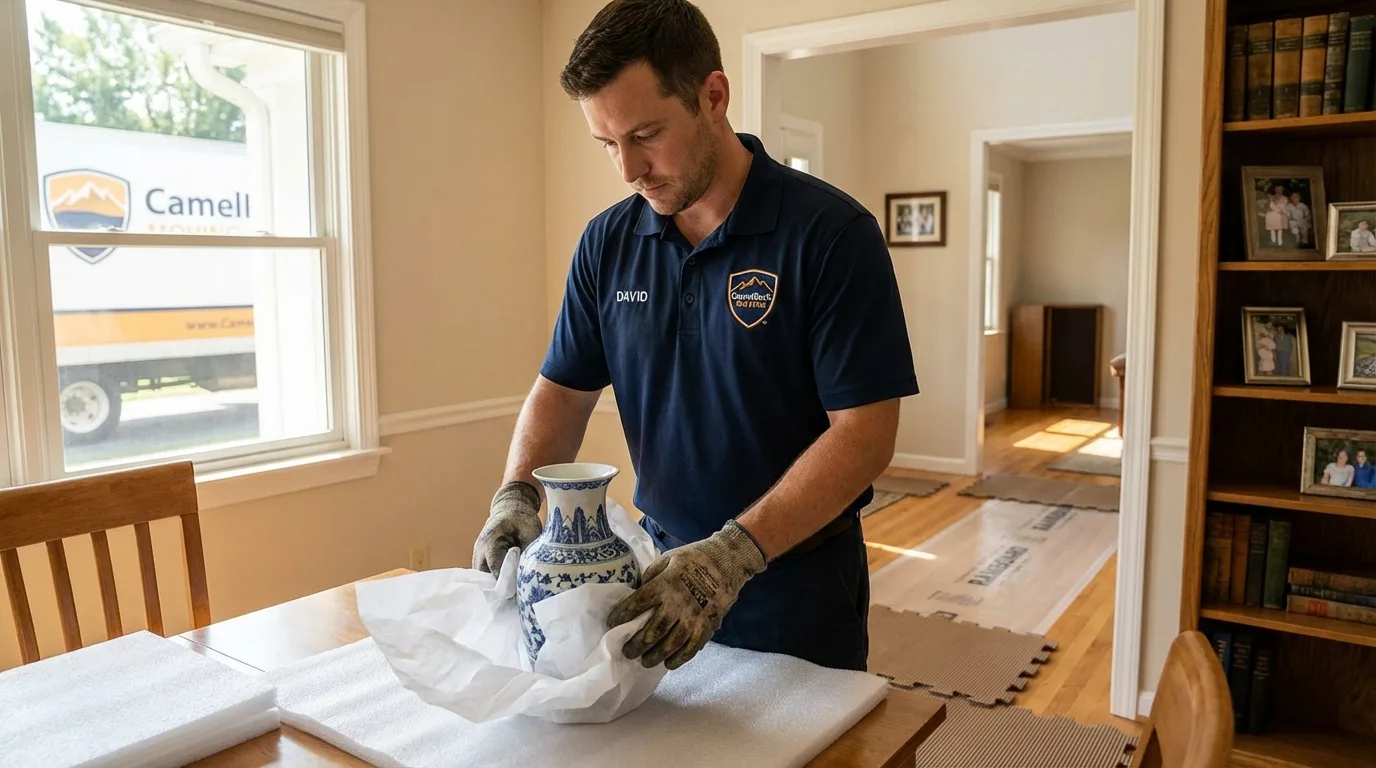 Professional crew carefully wrapping antique vase for senior downsizing move in Evansville, WY